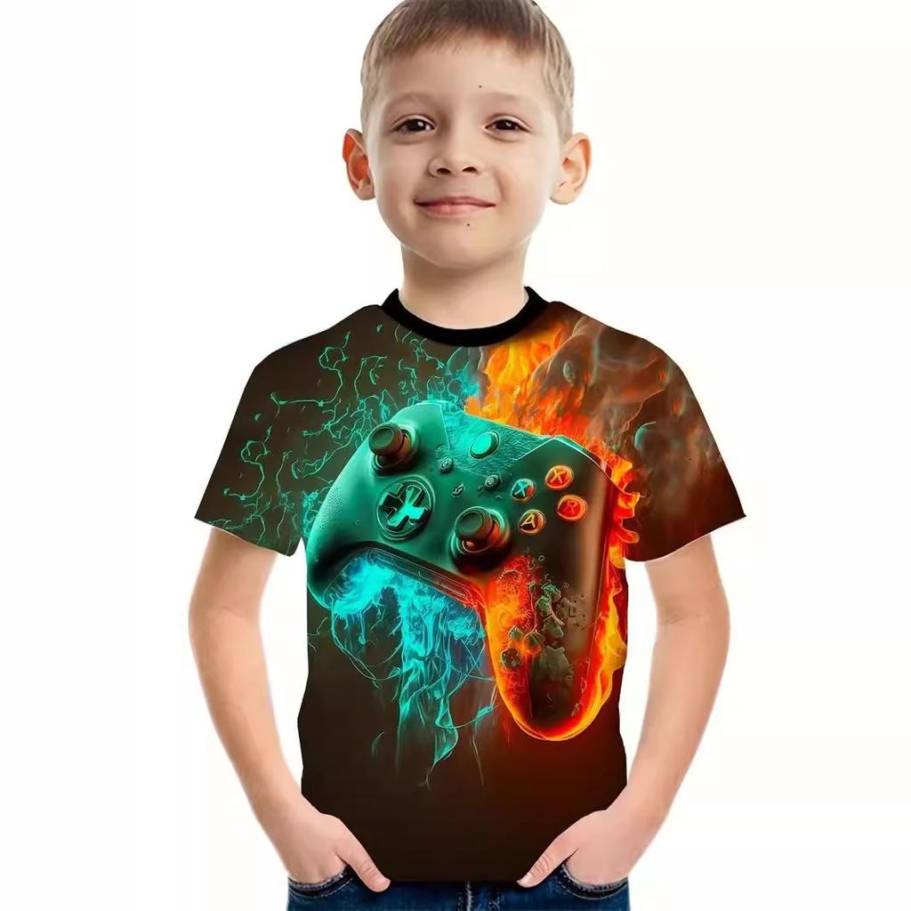 Summer Round Neck 3D Game Console Printed Top Fashionable Casual Short Sleeved Children's Boy T-shirts