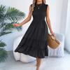 Women's Fashionable Color Round Neck Casual Sleeveless Dress With A Gathered Waist And Black Fungus Edge