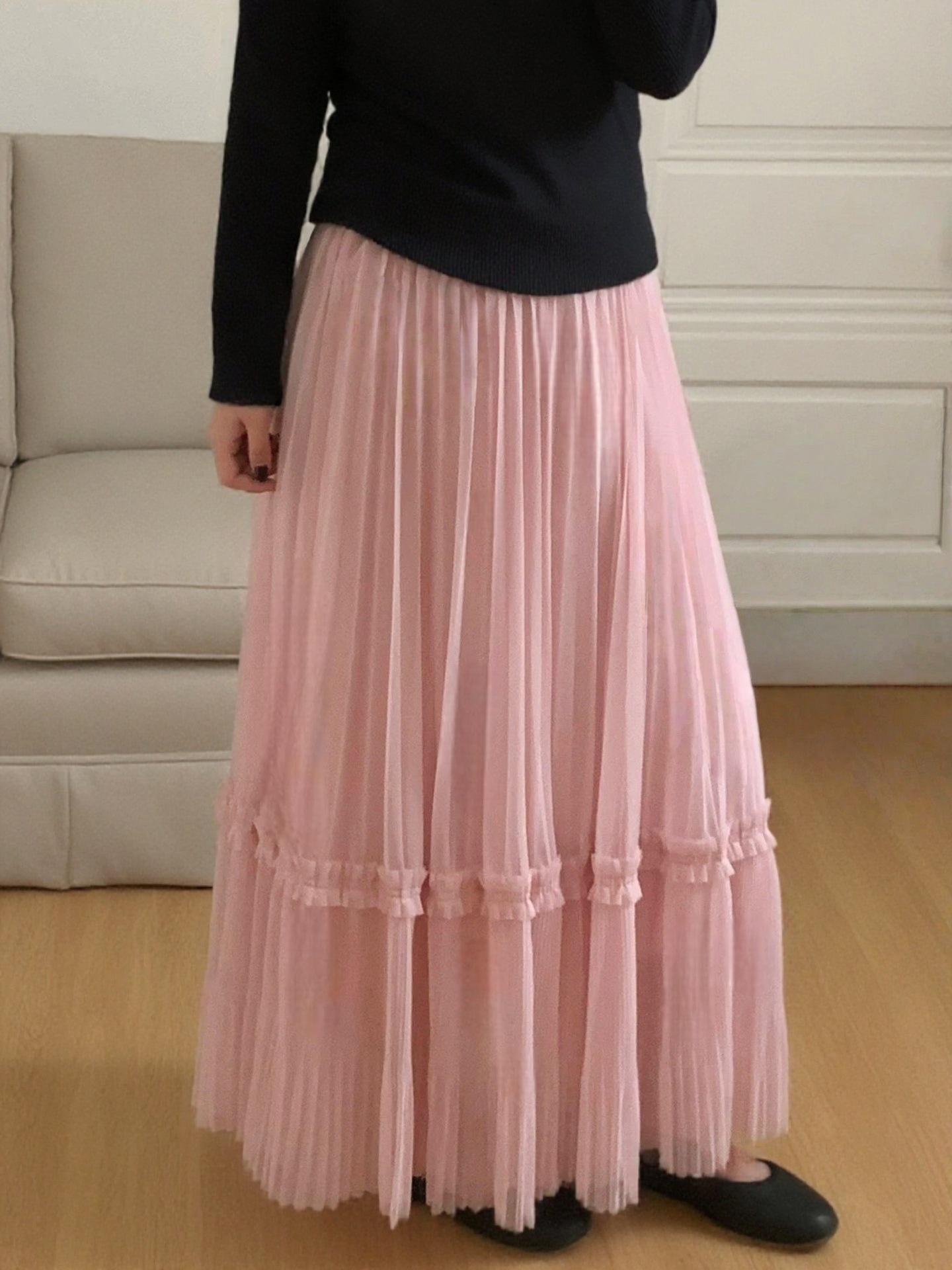 2026 Spring Korean-Style Women s Sweet High-Waist A-Line Pleated Mesh Skirt One Size розовый