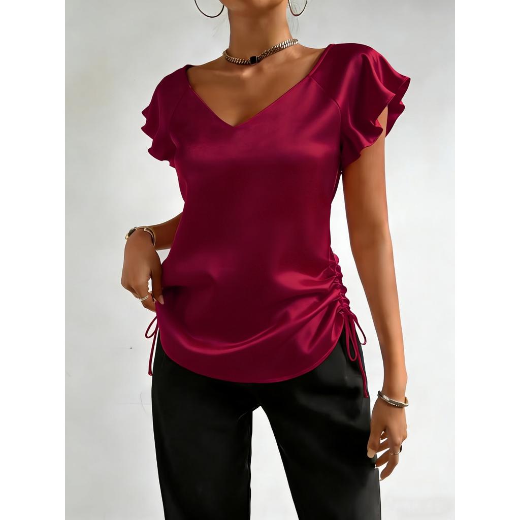 Neues Satin-V-Ausschnitt-Rüschen-Kordelzug-Oberteil im französischen Stil für Damen, Modebluse im europäischen amerikanischen Stil