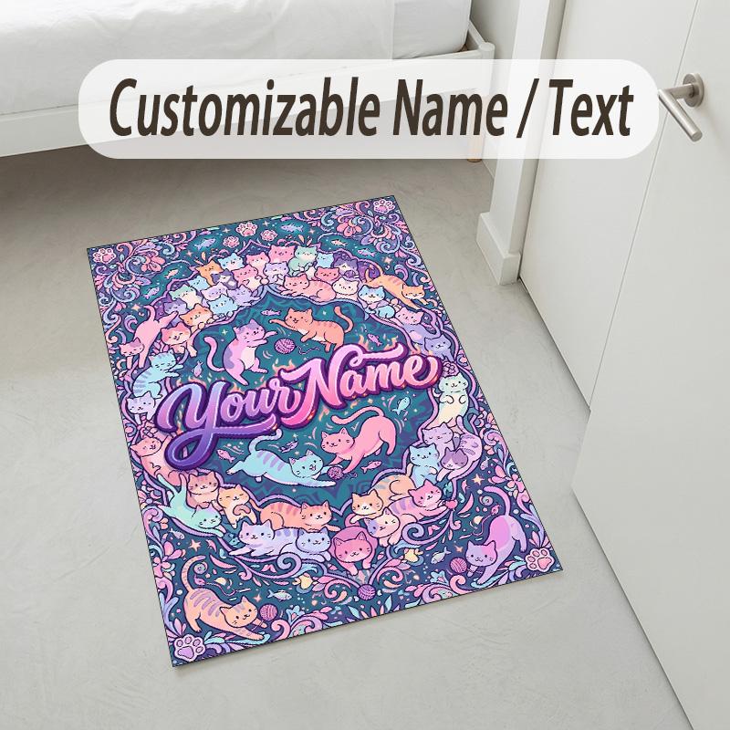 Colorful Cat Theme Soft Crystal Velvet Rug Custom Name & Text Print Non Slip Floor Rug for Bedroom Living Room