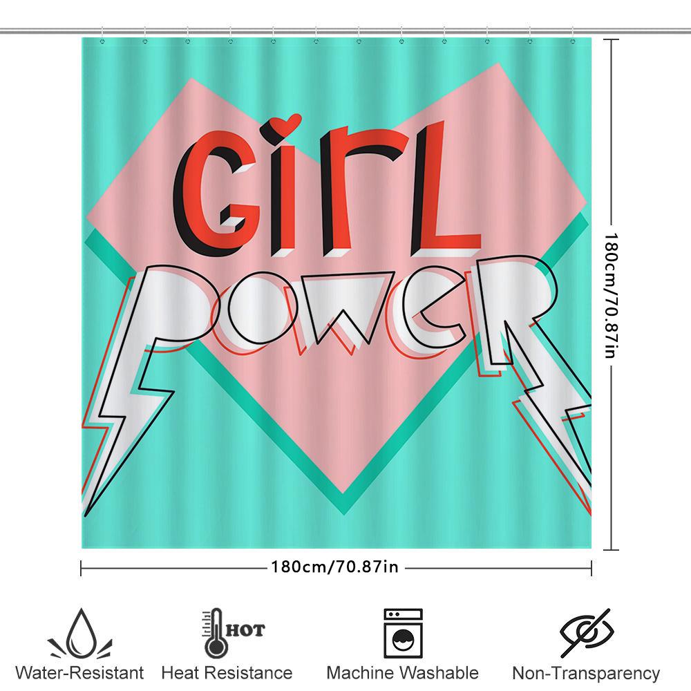 Girl Power Shower Curtain Bold Pink Blue Design For Bathroom Decor Waterproof Fabric With Hooks Set