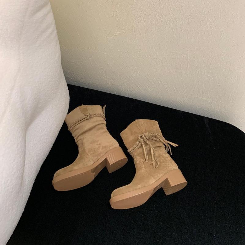 

thick-soled thick-heeled retro wasteland knight boots for women s spring and autumn thin western cowboy single boots medium tube Martin shoes for wome 39 хаки