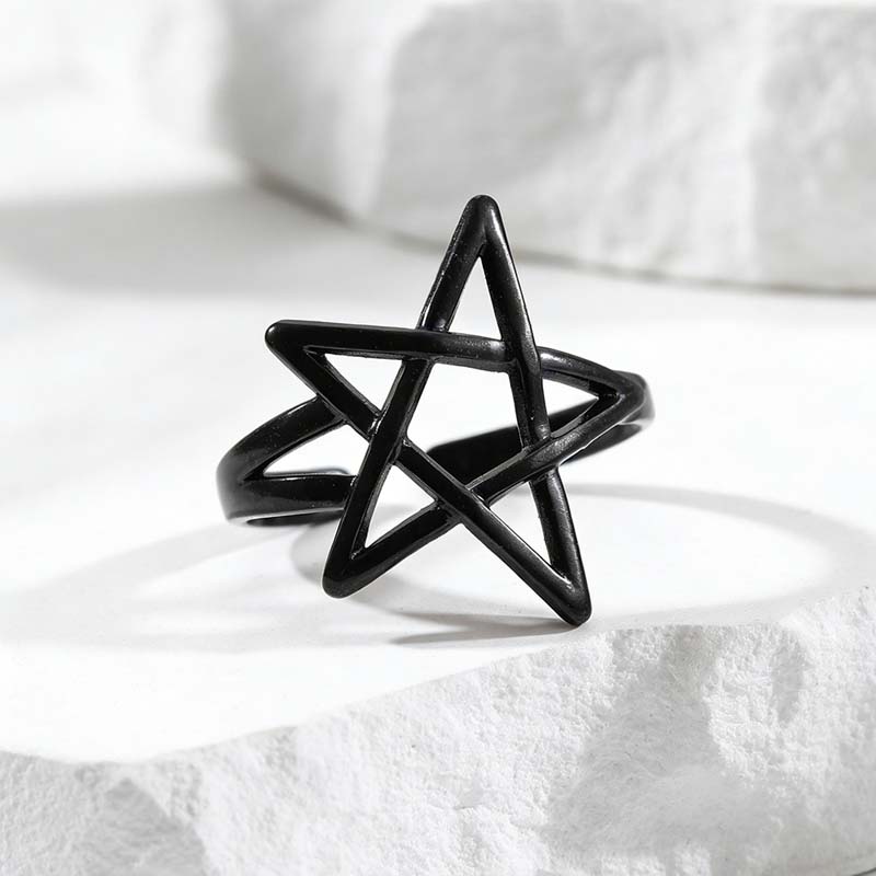 Punk Black Hollow Pentagram Star Rings Stainless Steel Metal Star Opening Adjustable Finger Ring Aesthetic Zircon Gift