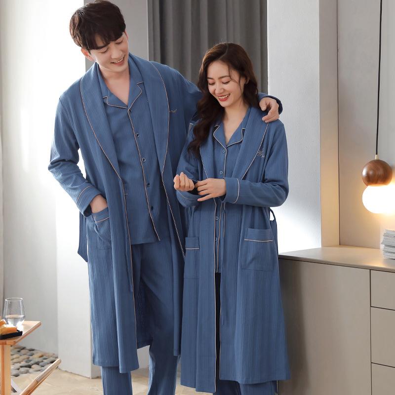Couple Pajamas Women'S Spring And Autumn Cotton Long-Sleeved Autumn Men'S Nightgown Large Size Bathrobe Three-Piece Set Loungewear