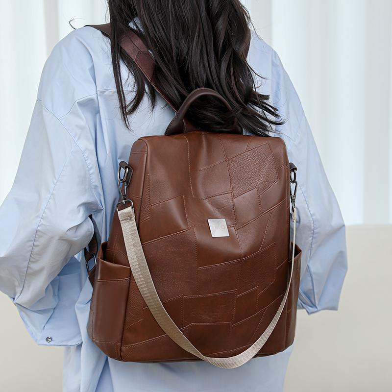 Pendler Rucksack aus weichem Leder Damen Rucksack mit großem Fassungsvermögen Einfarbige Reisetasche