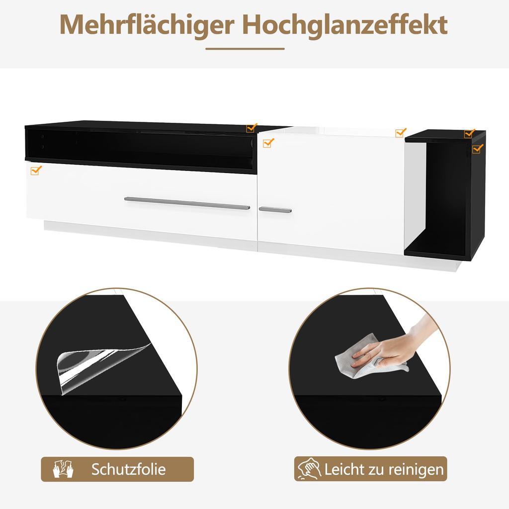 Hochglanz, TV Board Lowboard Schublade, Tür offenem Fach, Eleganter TV-ständer Fernseher bis zu 70 Zoll, Esszimmer, 170cm, Weiß & Schwarz