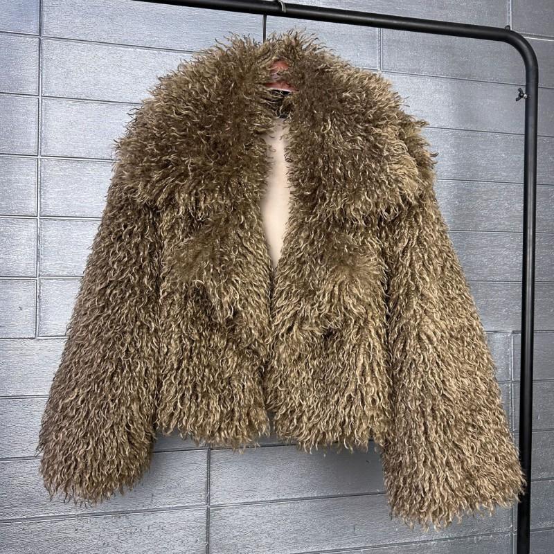 Womens Faux Fur Coat Loose Blazer Collar Tie-dye Plush Winter Warm Outerwear