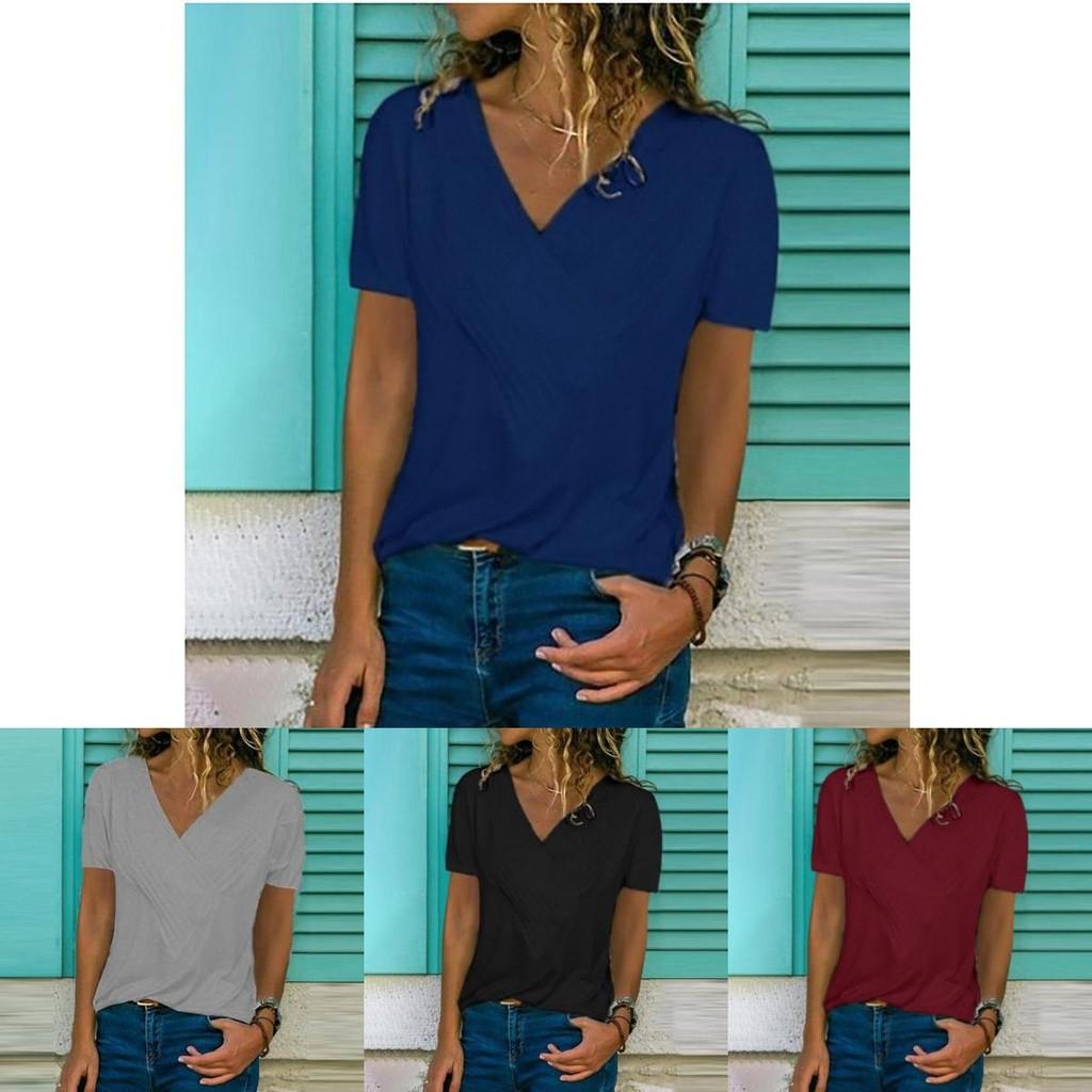 Women's V-neck Tunic Short Sleeve Loose Top T-shirt Plus Stylish Blouse Option