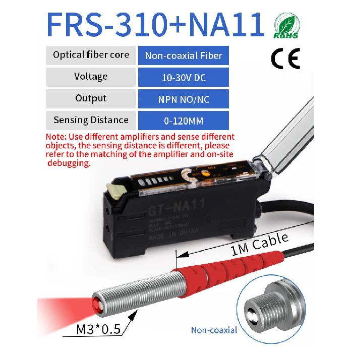 GTRIC Fiber Optic Sensor Amplifier Combo Kit M3 1-2M Cable Coaxial Non-coaxial NA11 Digital Display Optical Photoelectric Switch FRS-310 NA11 NPN