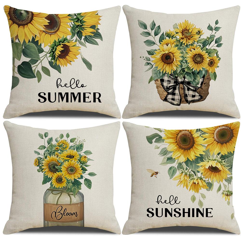 Summer Sunflower Letter Linen Pillowcase Outdoor Party Sofa Cushion Bedroom Pillow