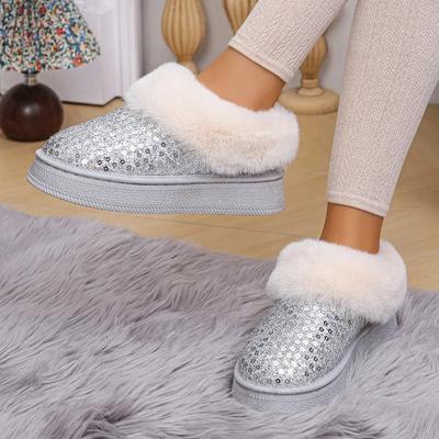 Botas de cano curto plataforma para botas de neve brilhantes e brilhantes para mulheres, quentes, fofas, sola grossa, botas curtas, inverno, novos sapatos femininos de pelúcia macia