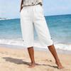 Pantaloni Capri da Donna a Colore Unico in Cotone e Lino, Vestibilità Larga, con Cintura e Tasche Multiple Anteriori e Posteriori
