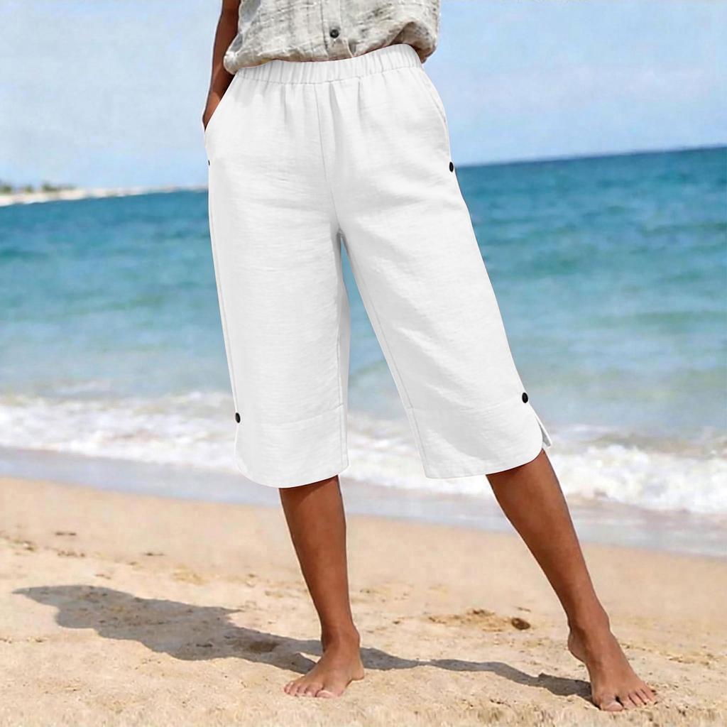 Pantaloni Capri da Donna a Colore Unico in Cotone e Lino, Vestibilità Larga, con Cintura e Tasche Multiple Anteriori e Posteriori
