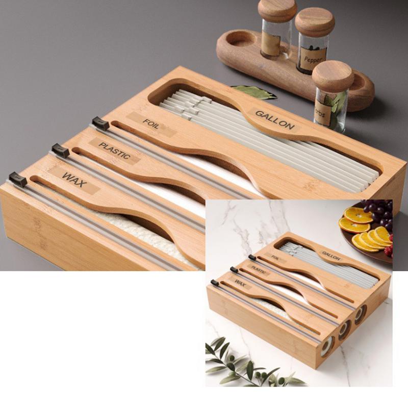 Kitchen Storage Shelf Natural Bamboo Dispenser With Cutter Ziplock Bag Organizer Moisture Proof Mass Storage Fresh-keeping Film
