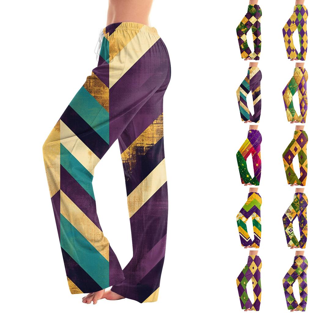 Ladies' Loose And Casual Carnival Printed Wide Leg Pants With Elastic Waistband Drawstring And Pocket Pants