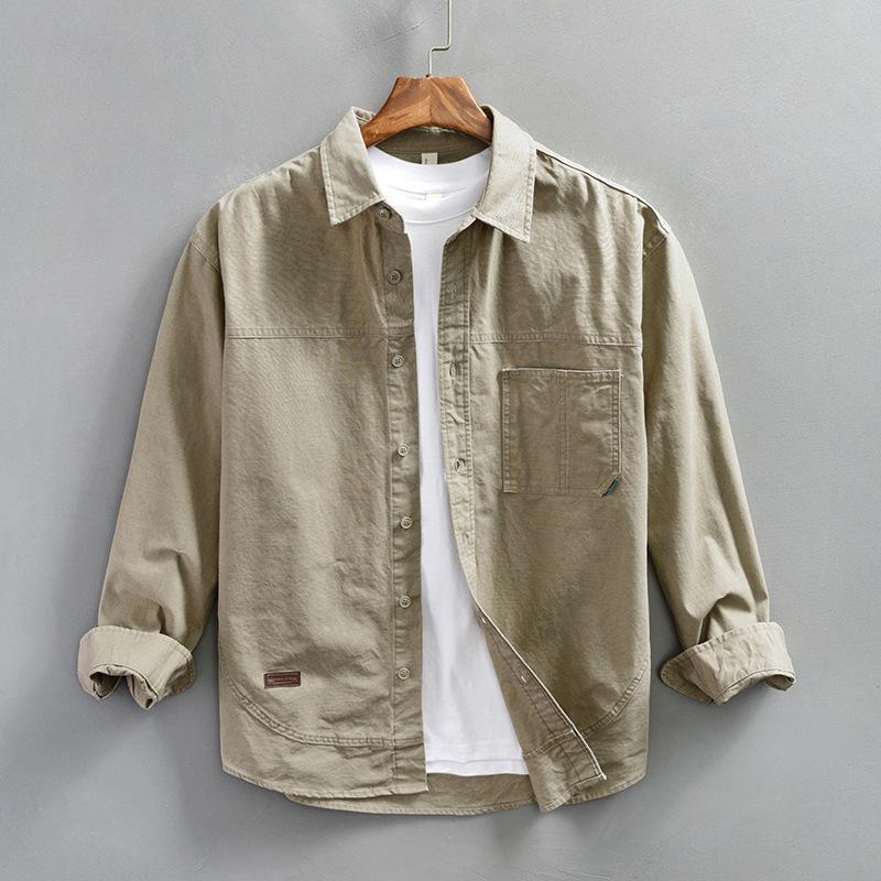 

Japanese Style Khaki Cargo Long Sleeve Shirt Causal Shirt Overshirt Pocket Loose Top Pure Cotton Button-Down Shirts M хаки