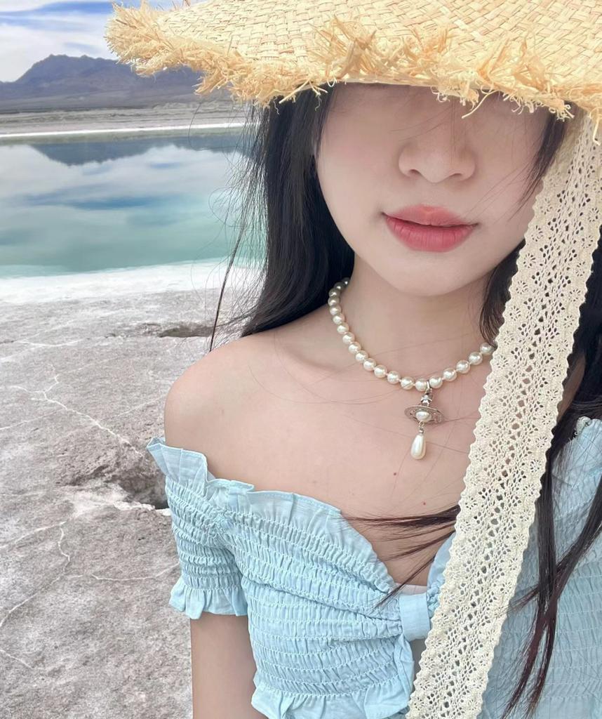 Empress Saturn Pearl Necklace With Geometric Pendant For Women