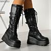 Women's Chunky Sole Belt Buckle Platform Punk Motorcycle Boots Black Anti-slip Street Style Mid-Calf Boots Size35-42 Botas Mujer