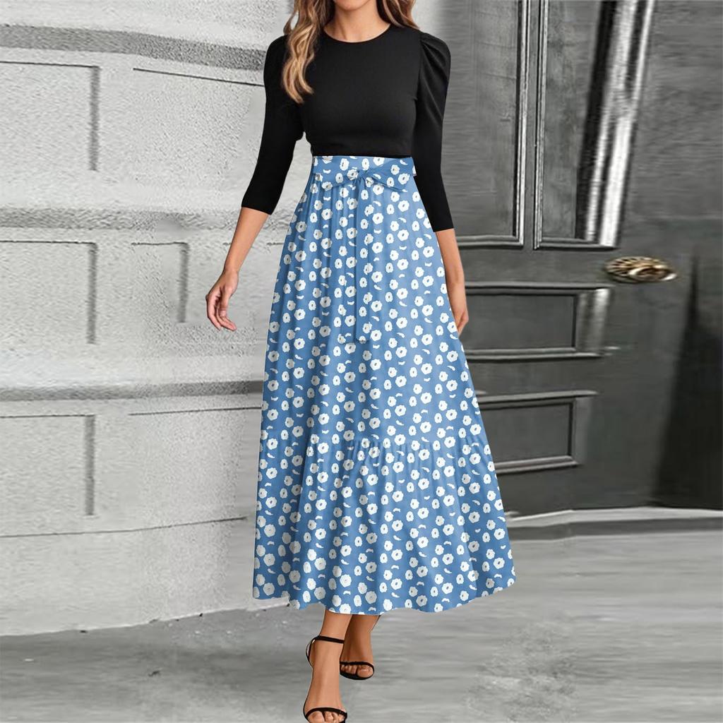 Women's Fashion Casual Belt Round Neck Gradient Splicing Elegant Temperament Three-quarter Sleeve Dress