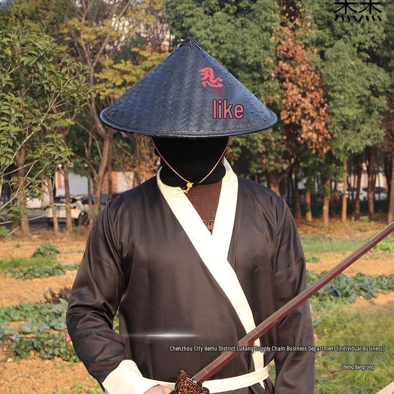 Woven Retro Black Unisex Straw and Bamboo Knight Hat for Film and TV
