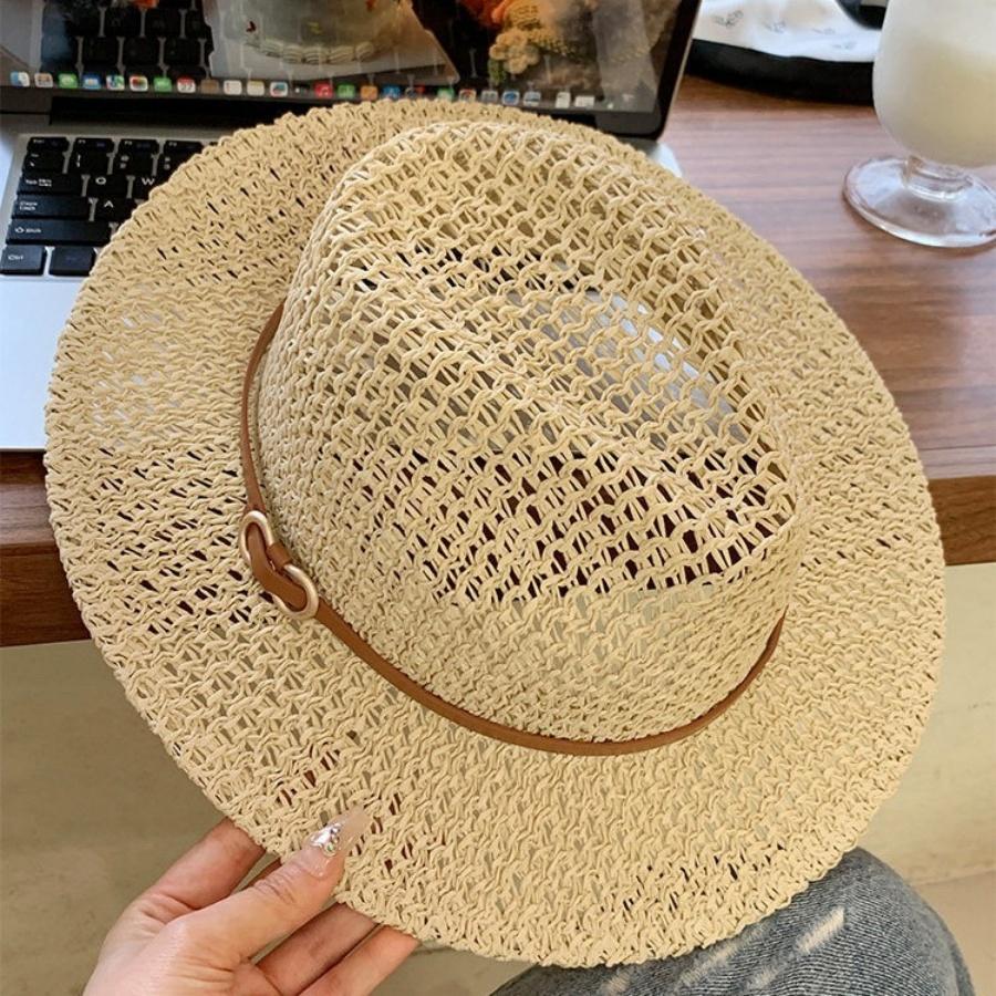 Breathable Hollow-Out Woven Straw Hat Wide Brim Fedora with Vintage Belt Buckle Sun Protection for Beach Vacation Summer