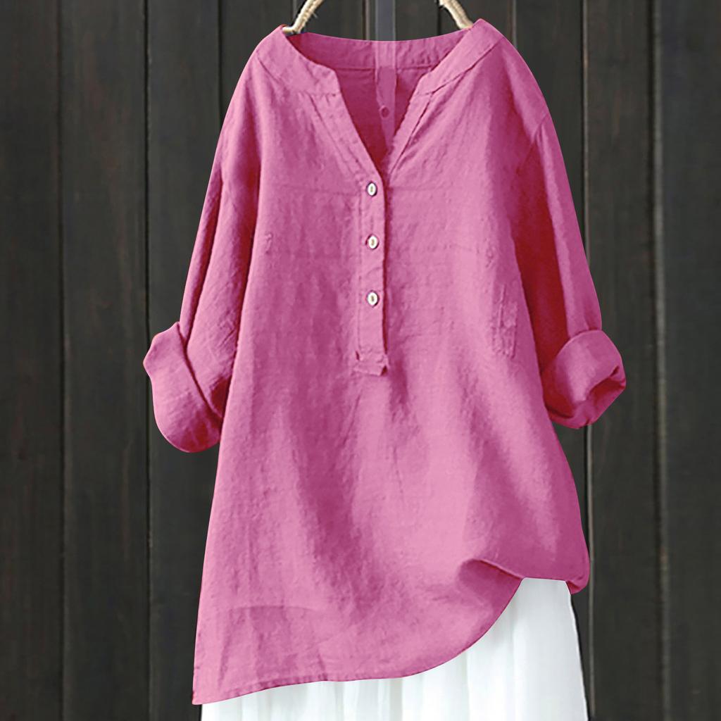 Summer Plus Size ensfarget skjorte Uformell bluse i bomullslin Vintage lommetopp dameklær