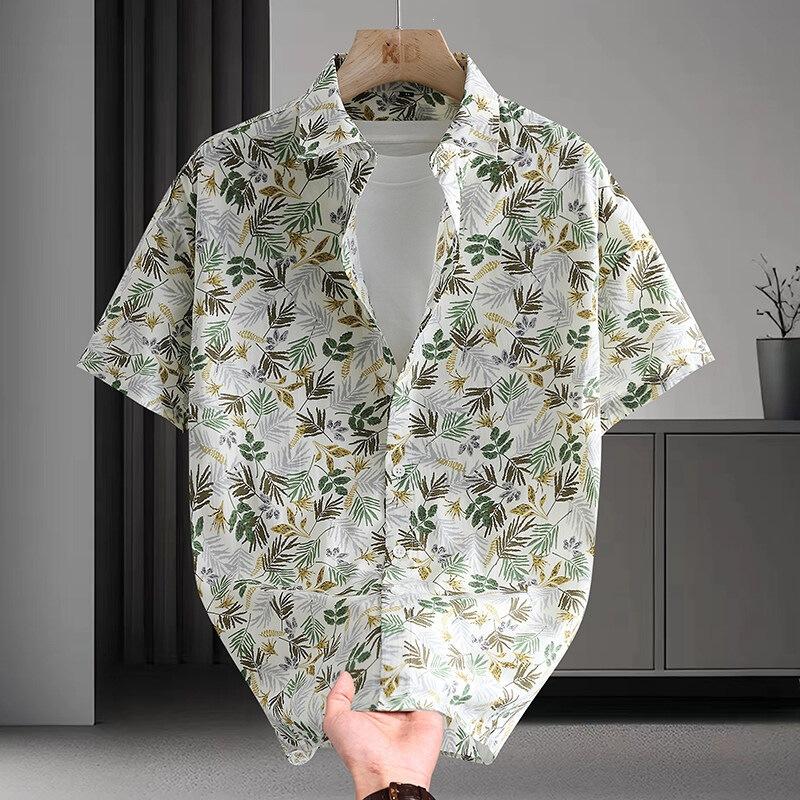 Men Short Sleeve Button Down Shirt Tropical Leaf Print Casual Summer Beach Shirt