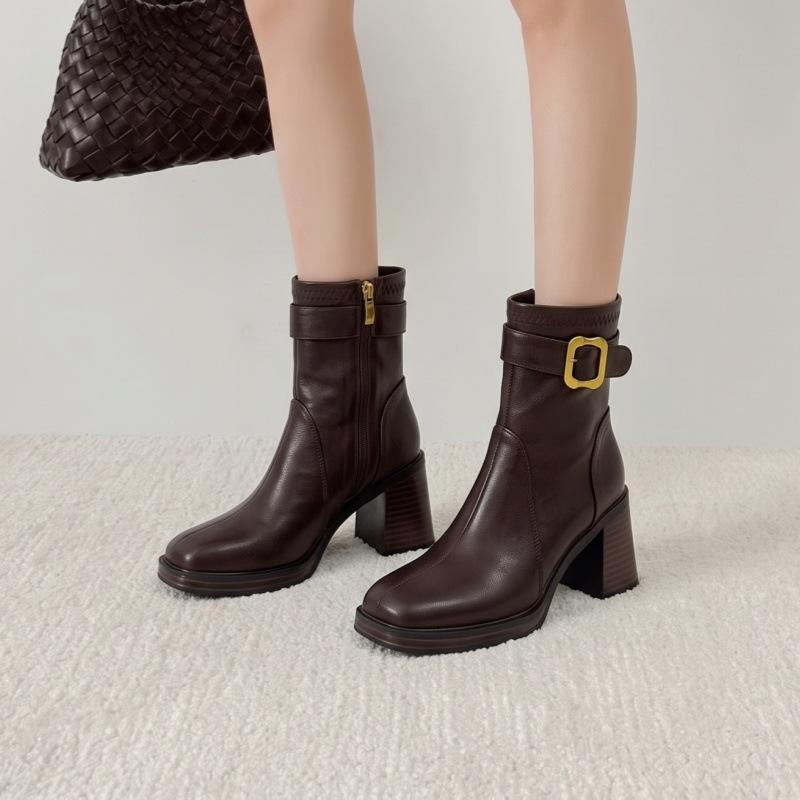 Autumn and winter temperament thick heel fashion boots women's square head waterproof table metal buckle soft leather side zipper commuter