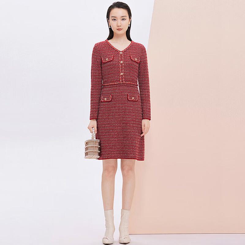 

JESSIE Women s Tweed V-Neck High-Waist Long Sleeve Knitted Dress L