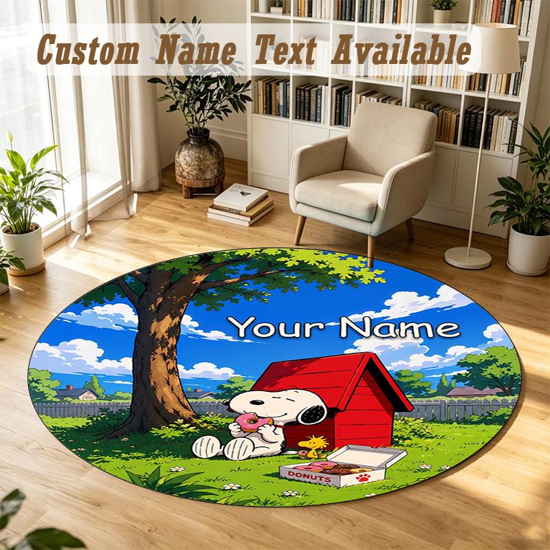 Snoopy Peanuts Personalized Round Rug Support Custom Name, Soft Home Decor Mat