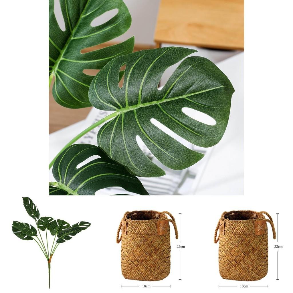 Artificial Monstera Deliciosa Liebm Leaf Plant For Living Room Decor With Handmade Seaweed Basket