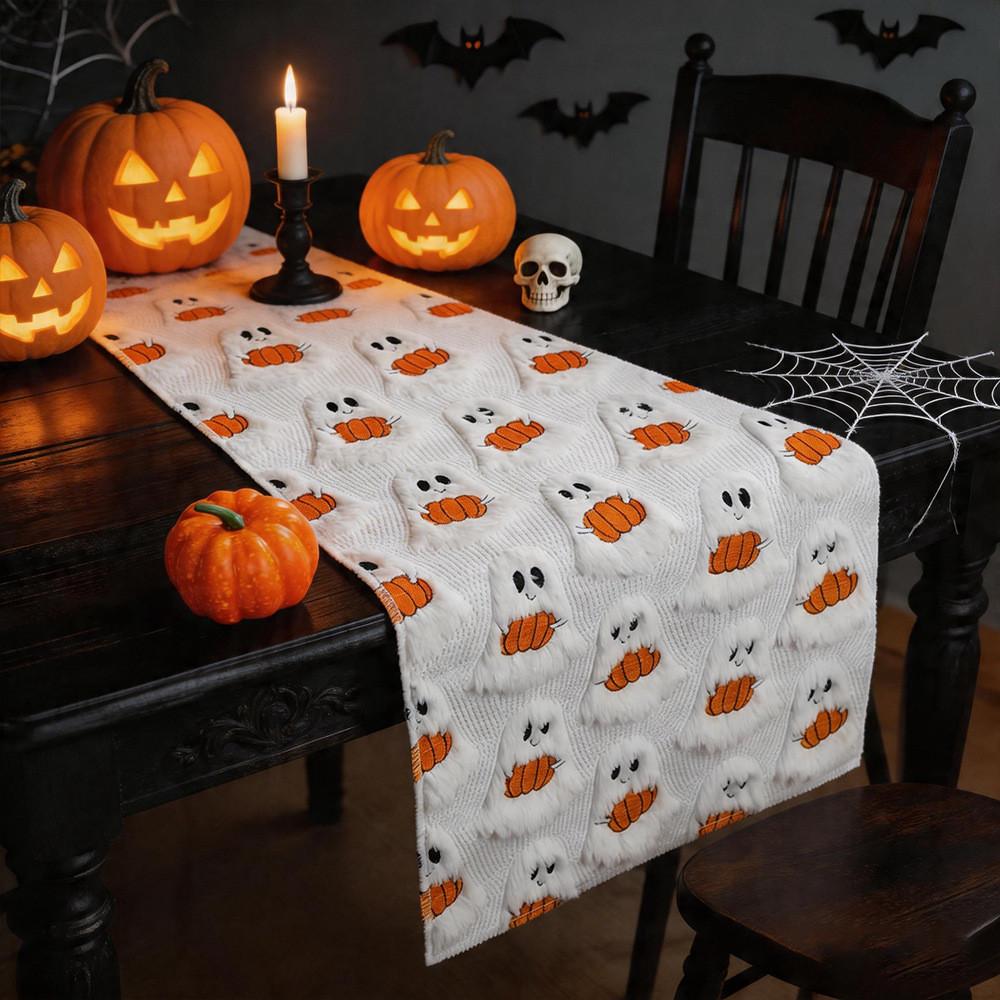 Polyester Halloween Table Runner With Embroidered Ghosts And Pumpkins For Party Decor