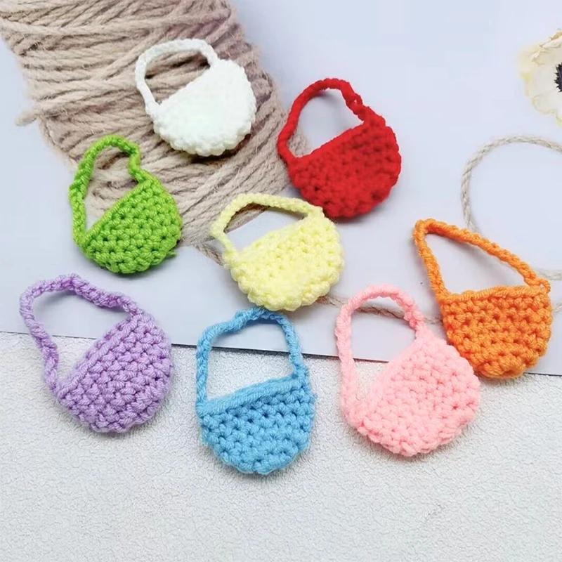 5PCS 1:12 Dollhouse Miniature Woven Shoulder Bag Mini Knitting Wool Bag Crochet Braid Crossbody Bag Handbag Storage Bag DressUp Decor