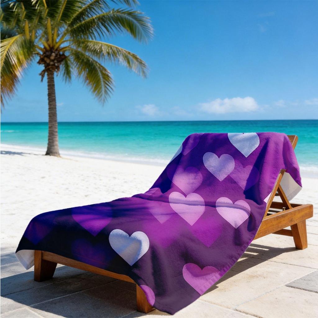 Romantisches Lila Herz Mikrofaser Strandtuch 2D Flach Gedruckt Wasserdicht Sandfest Reise Badetuch Für Meeresurlaub Sonnenbad