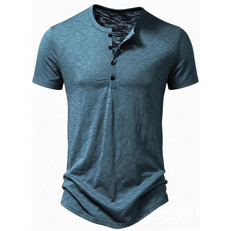 Men's Khaki Heather Short Sleeve Henley Shirt Casual Button Placket Crew Neck Top