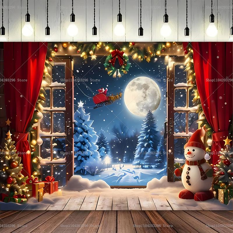 Winter Window Christmas Backdrop Fireplace Xmas Tree Gifts Teddy Bear Navidad Party Decor Kids Portrait Photography Background