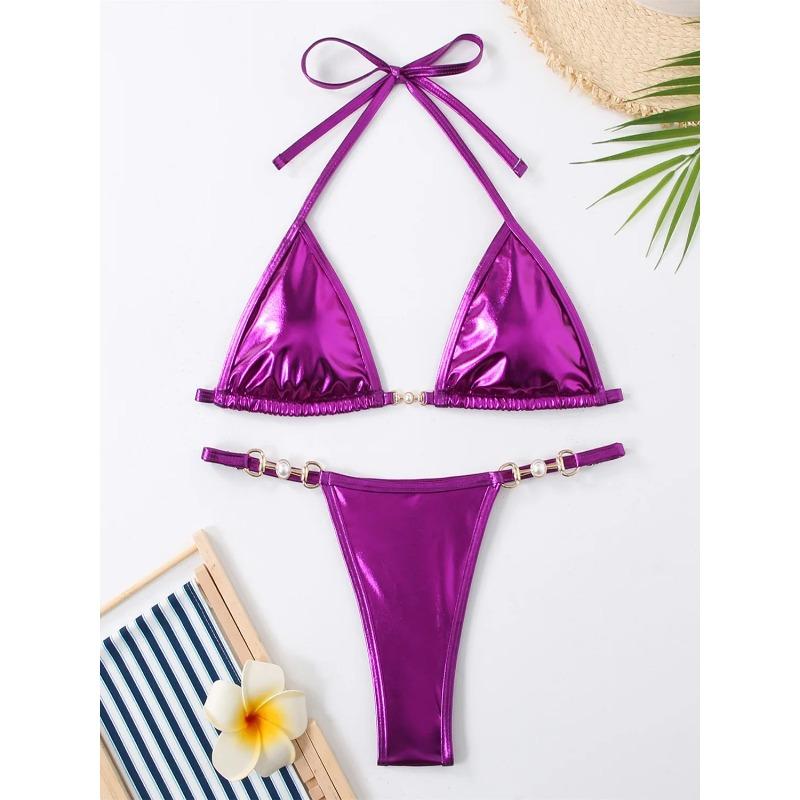 Shiny Pink Micro Bikini 2025 Mujer Women Sexy PU Pearls Push Up Thong Swimsuit Summer Bathing Suit Bandage Holiday Swimwear