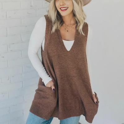 Autumn/Winter Solid Color V-Neck Pocket Knit Vest Sweater 2025