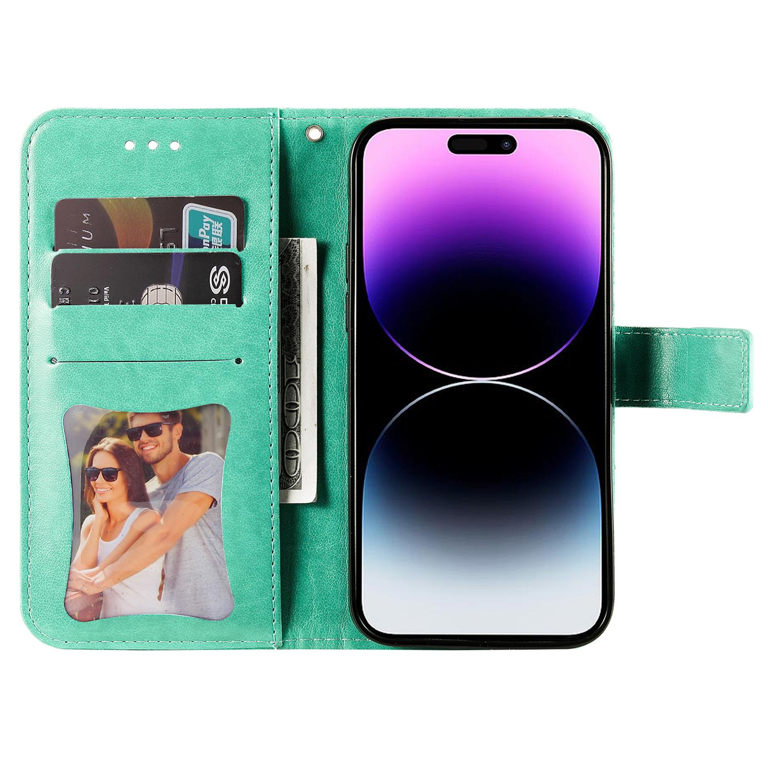 

For iPhone 15 Pro Case Floral Pattern PU Leather Wallet Stand Phone Cover Green
