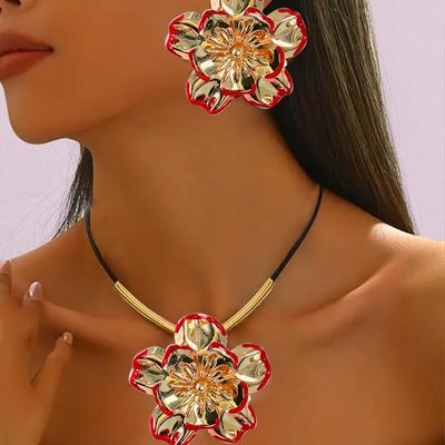 New Exaggerated Flower Necklace Pendant Earring Set Red Lace Decoration