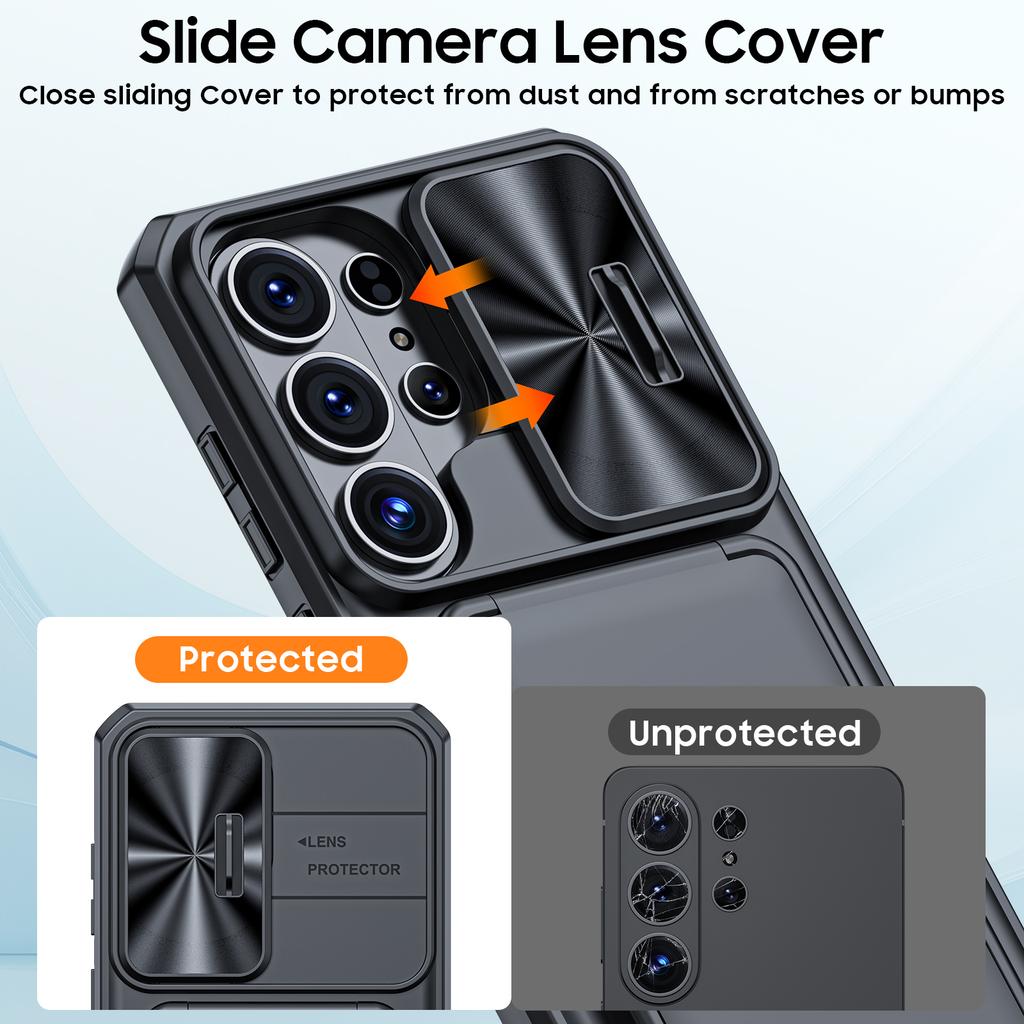With Card Holder Sliding Camera Cover And Stand For Samsung Galaxy S26 Ultra Phone Case, Anti-Fall PC+TPU Wallet Case-Black