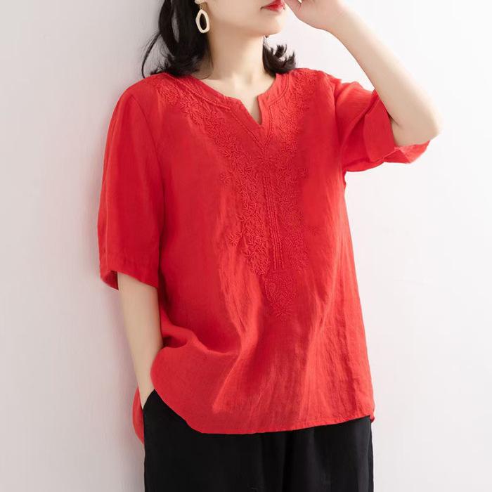 Cotton V-neck Summer New Cotton Linen Shirt for Women Literary Loose Pullover Embroidery Short-sleeved T-shirt for Women Embroidered Top