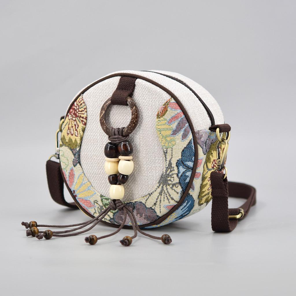 Vintage Ethnic Style Handcrafted Canvas Small Round Bag With Tassels For Daily Use