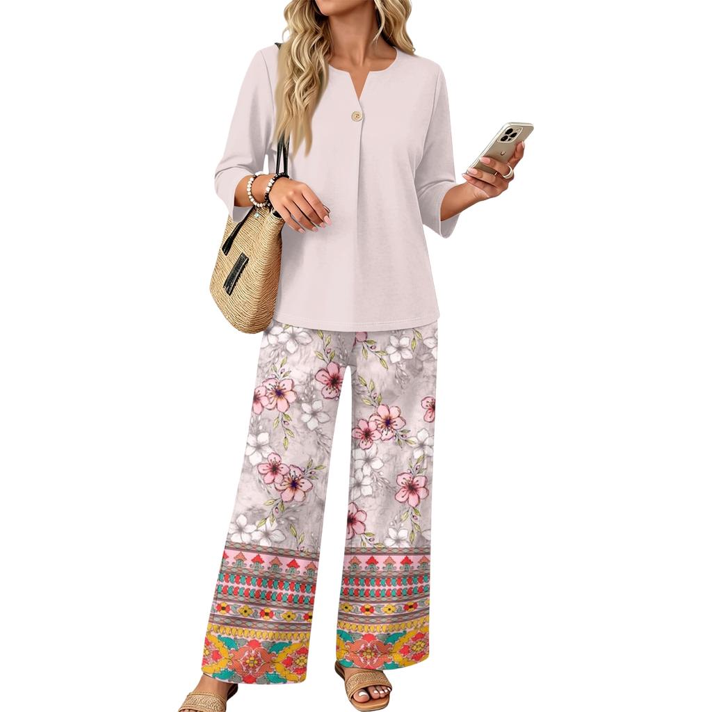 Women Casual Button Front Top with Three Quarter Sleeves and Printed Wide Leg Pants Two Piece Set Lightweight Comfortable Outfit