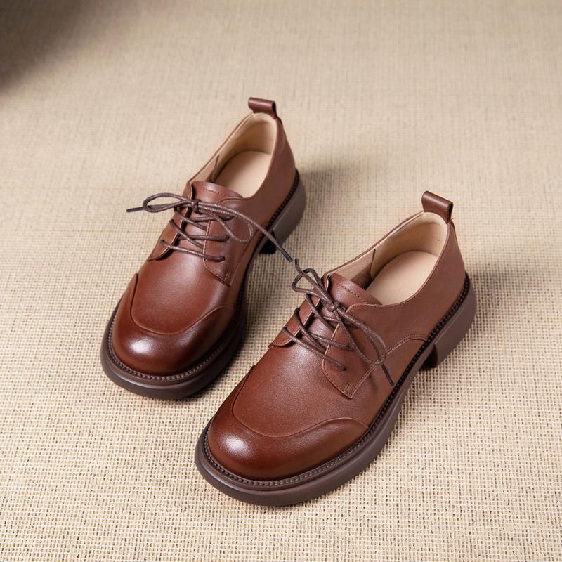 First Layer Cowhide Loafers Women's Spring and Autumn New Models One-pedal British Style Lace-up Work Small Leather Shoes Women's Shoes
