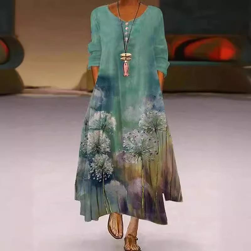 

Женское летнее новое изделие платье с принтом с длинным рукавом круглый вырез свободное большого размера повседневное с неровным подолом длинная юбка XXL