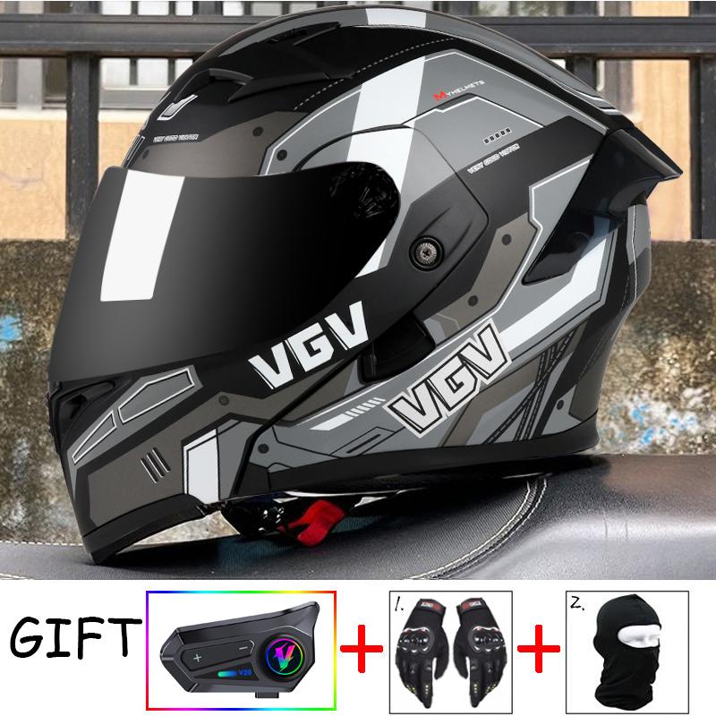 VGV Double Lens flip up helmet Openable motorcycle helmet come with wireless headset gloves headgear Value Promotional Packages