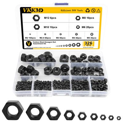 326Pcs Metric Black Hex Nut Combination Kit, 9 Models (M2-M12), Black Carbon Steel Hex Nut Kit