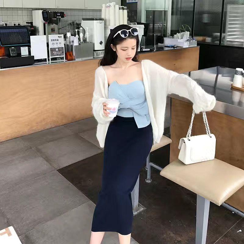 Autumn Winter Women's Red Knitted Half Skirt High Waist Knee-Length Bodycon Pencil Skirt Slim-Fit Wool Skirt